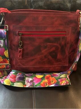 Old Trend Chandler Red Leather Crossbody Bag with Floral Tulip Strap